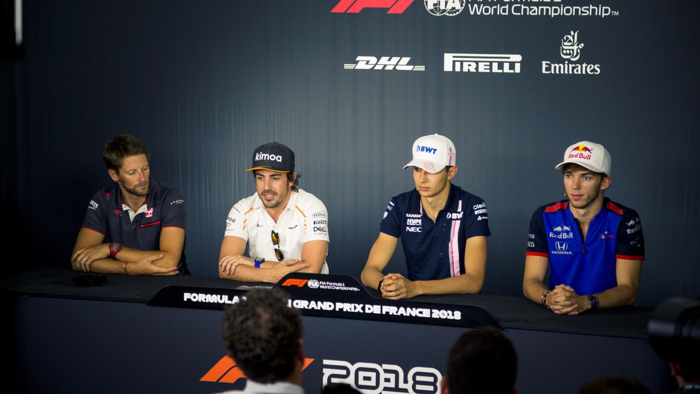 (L to R): Romain Grosjean (FRA) Haas F1, Fernando Alonso (ESP) McLaren, Esteban Ocon (FRA) Force India F1 amd Pierre Gasly (FRA) Scuderia Toro Rosso in the Press Conference at Formula One World Championship, Rd8, French Grand Prix, Preparations, Paul Ricard, France, Thursday 21 June 2018. © Manuel Goria/Sutton Images