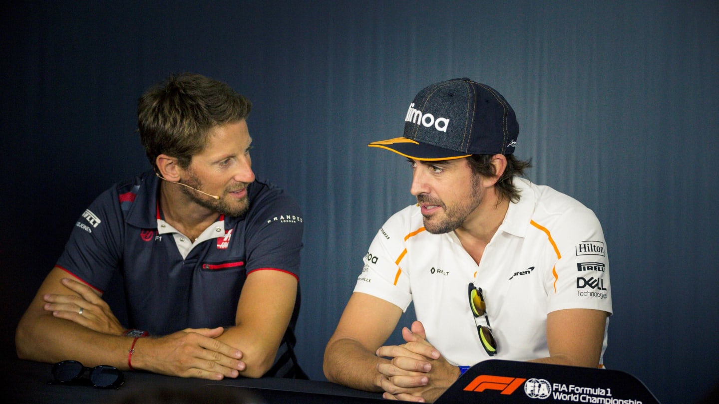 Romain Grosjean (FRA) Haas F1 and Fernando Alonso (ESP) McLaren in the Press Conference at Formula One World Championship, Rd8, French Grand Prix, Preparations, Paul Ricard, France, Thursday 21 June 2018. © Manuel Goria/Sutton Images