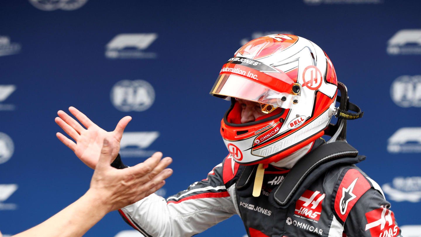 Kevin Magnussen (DEN) Haas F1 celebrates in parc ferme at Formula One World Championship, Rd11,