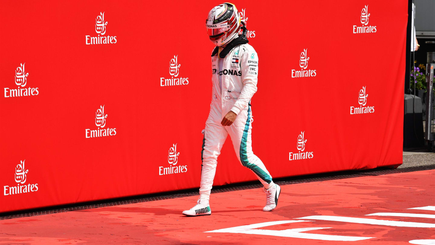 Lewis Hamilton (GBR) Mercedes-AMG F1 walks in after stopping on track in Q1 at Formula One World Championship, Rd11, German Grand Prix, Qualifying, Hockenheim, Germany, Saturday 21 July 2018. © Mark Sutton/Sutton Images