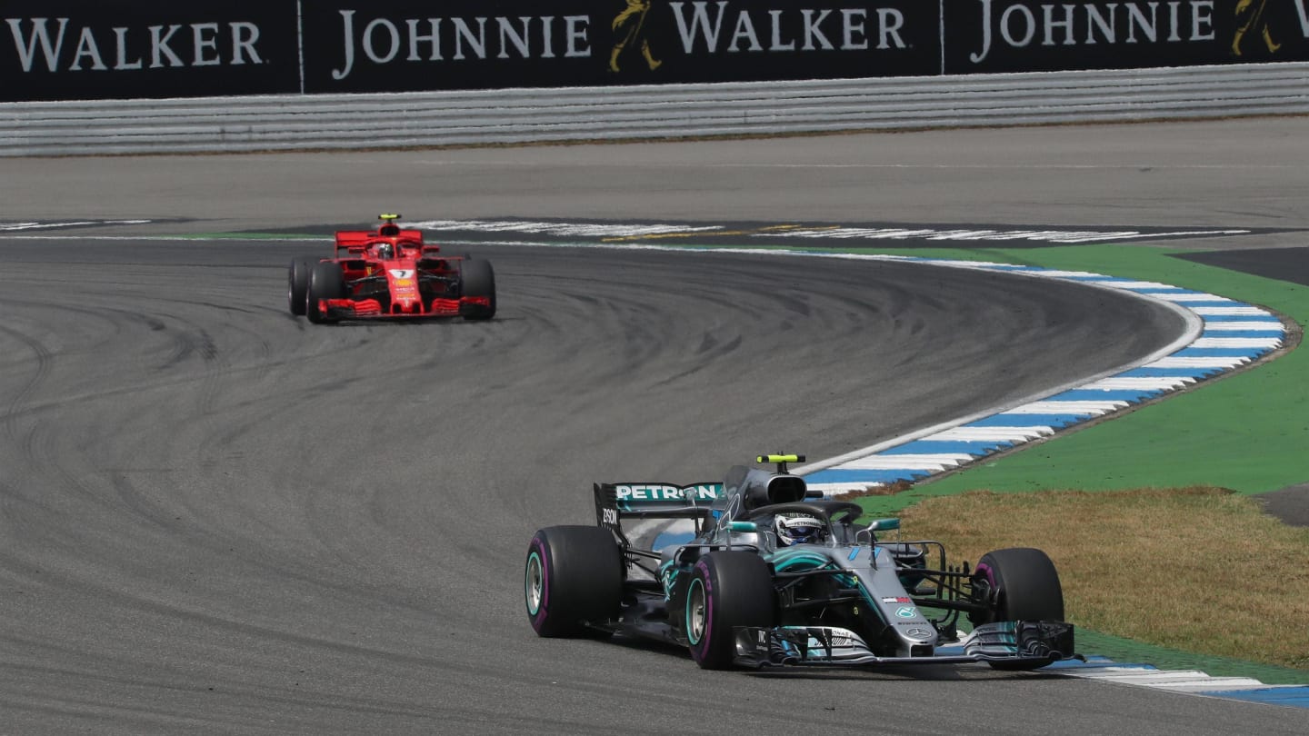 Valtteri Bottas (FIN) Mercedes-AMG F1 W09 EQ Power+ and Kimi Raikkonen (FIN) Ferrari SF-71H at Formula One World Championship, Rd11, German Grand Prix, Race, Hockenheim, Germany, Sunday 22 July 2018. © Manuel Goria/Sutton Images