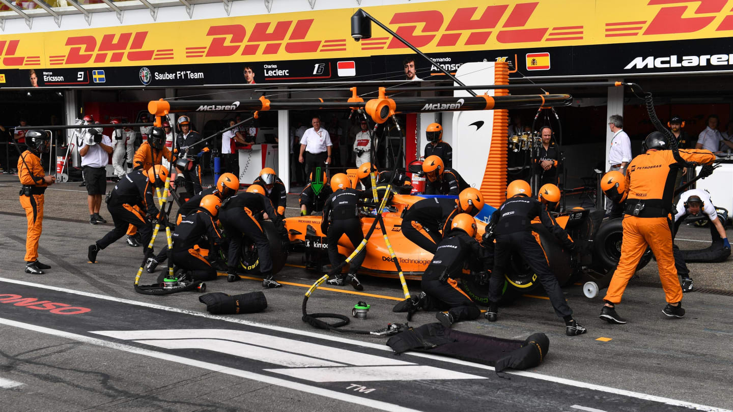 Fernando Alonso (ESP) McLaren MCL33 pit stop at Formula One World Championship, Rd11, German Grand