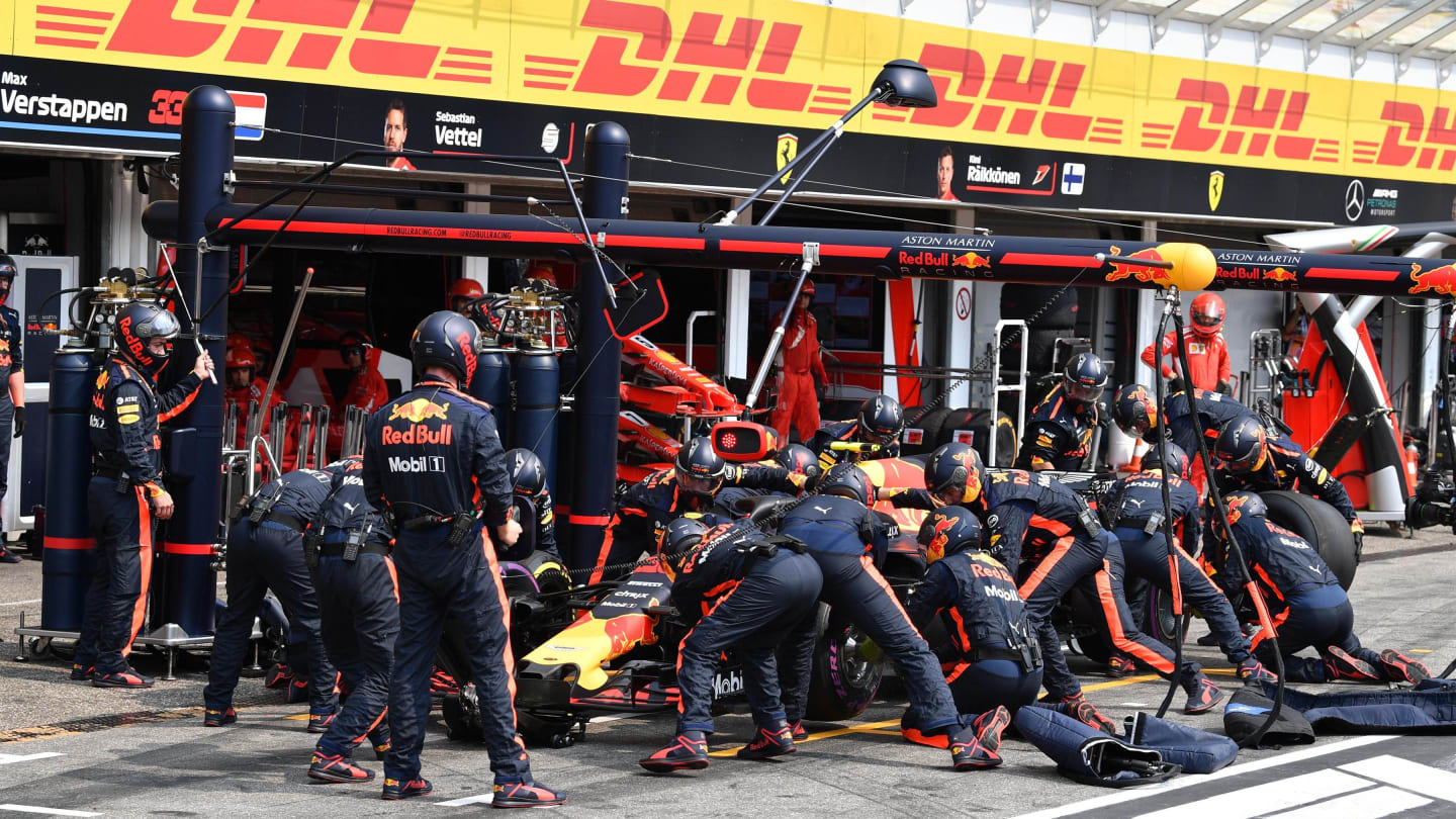 Max Verstappen (NED) Red Bull Racing RB14 pit stop at Formula One World Championship, Rd11, German Grand Prix, Race, Hockenheim, Germany, Sunday 22 July 2018. © Mark Sutton/Sutton Images