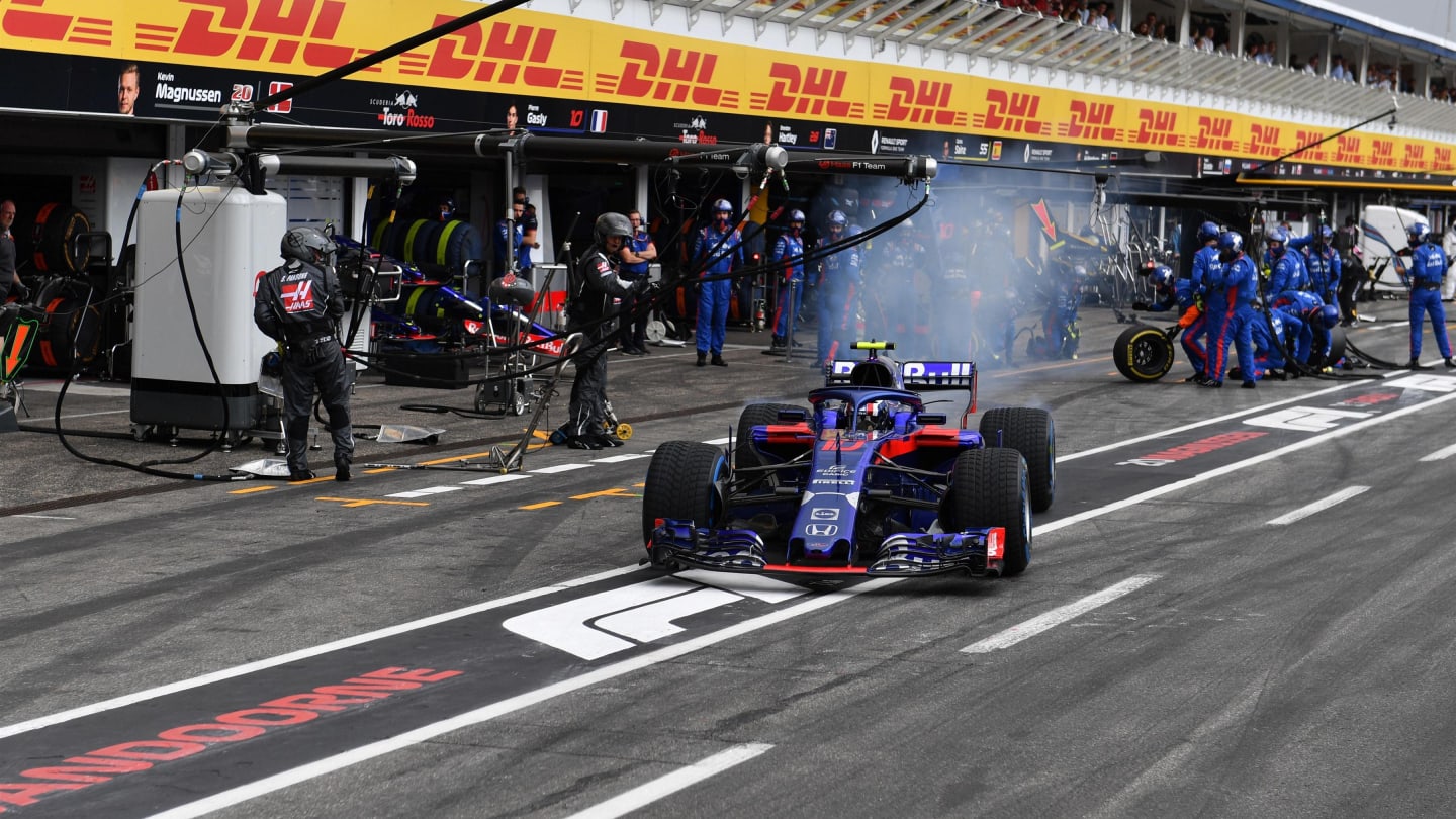 Pierre Gasly (FRA) Scuderia Toro Rosso STR13 pit stop at Formula One World Championship, Rd11, German Grand Prix, Race, Hockenheim, Germany, Sunday 22 July 2018. © Mark Sutton/Sutton Images