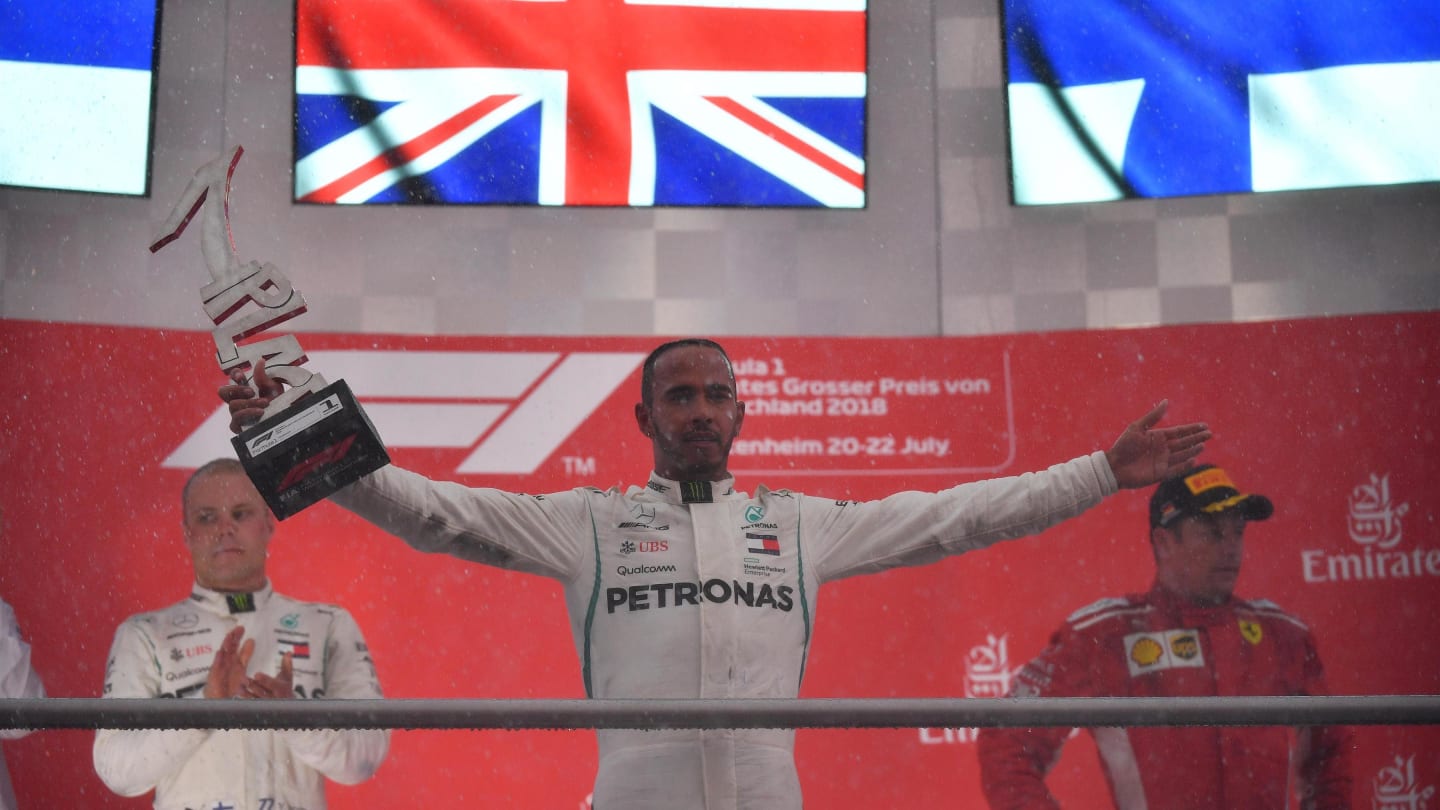 Race winner Lewis Hamilton (GBR) Mercedes-AMG F1 celebrates on the podium with the trophy at Formula One World Championship, Rd11, German Grand Prix, Race, Hockenheim, Germany, Sunday 22 July 2018. © Mark Sutton/Sutton Images