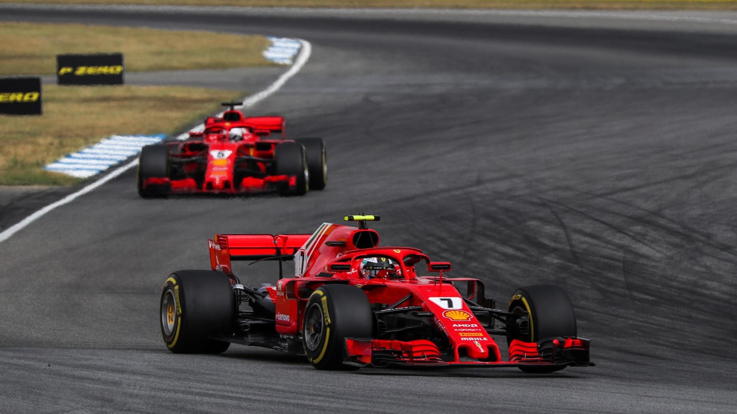 Kimi Raikkonen (FIN) Ferrari SF-71H leads Sebastian Vettel (GER) Ferrari SF-71H at Formula One