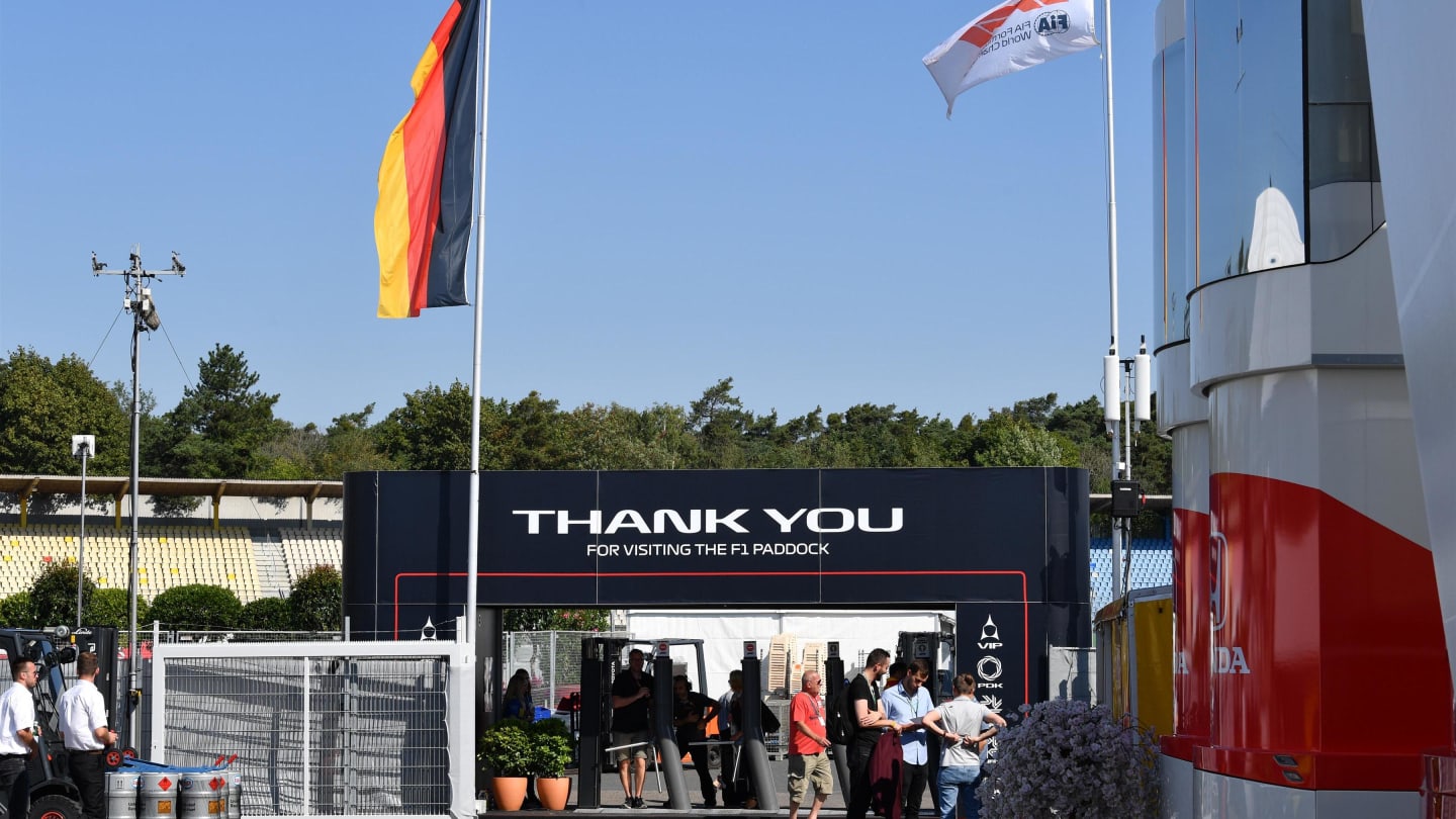 Paddock entrance at Formula One World Championship, Rd11, German Grand Prix, Preparations,