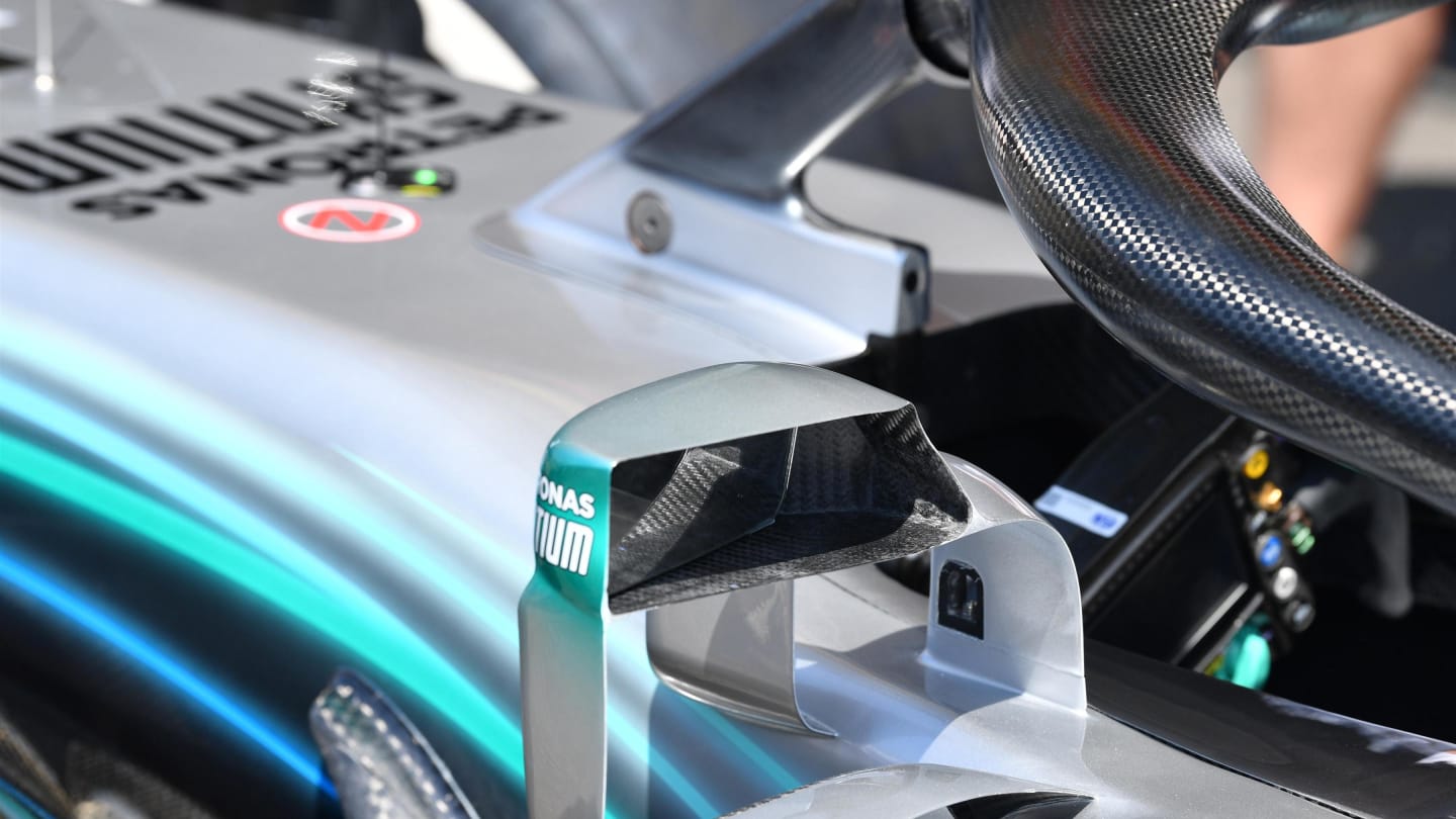 Mercedes-AMG F1 W09 EQ Power+ mirror detail at Formula One World Championship, Rd11, German Grand Prix, Preparations, Hockenheim, Germany, Thursday 19 July 2018. © Mark Sutton/Sutton Images