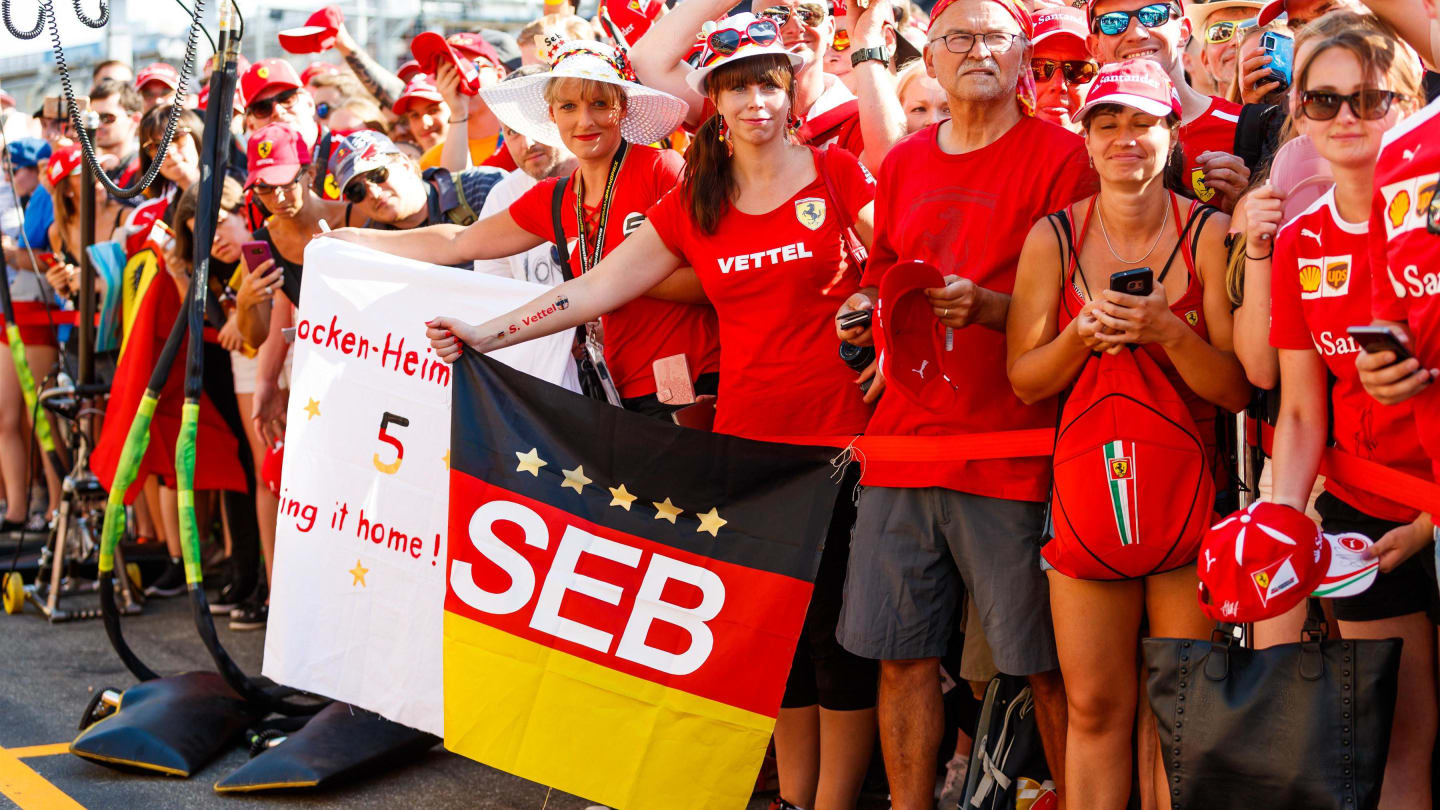Sebastian Vettel (GER) Ferrari fans and banner at Formula One World Championship, Rd11, German Grand Prix, Preparations, Hockenheim, Germany, Thursday 19 July 2018. © Jerry Andre/Sutton Images