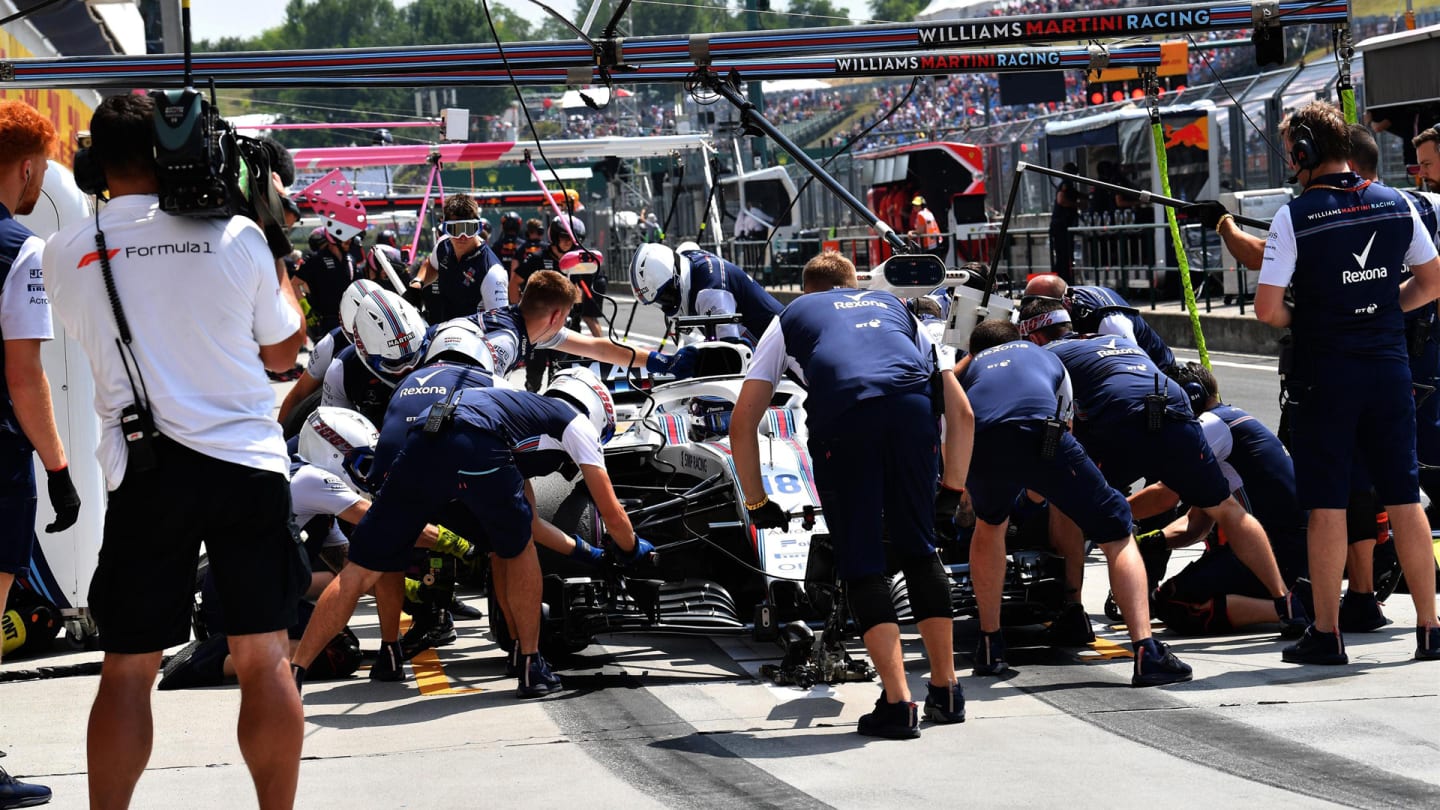 Lance Stroll (CDN) Williams FW41 pit stop at Formula One World Championship, Rd12, Hungarian Grand