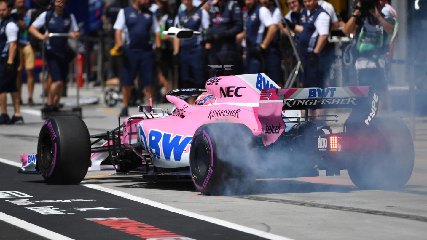 Sergio Perez (MEX) Force India VJM11 wheel spin at Formula One World Championship, Rd12, Hungarian Grand Prix, Qualifying, Hungaroring, Hungary, Saturday 28 July 2018. © Mark Sutton/Sutton Images