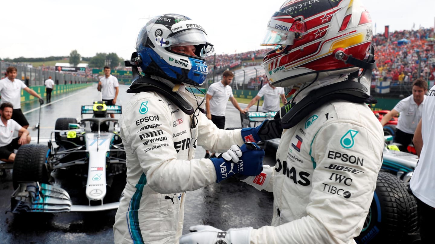 Pole sitter Lewis Hamilton (GBR) Mercedes-AMG F1 and Valtteri Bottas (FIN) Mercedes-AMG F1 celebrate in parc ferme at Formula One World Championship, Rd12, Hungarian Grand Prix, Qualifying, Hungaroring, Hungary, Saturday 28 July 2018. © Steven Tee/LAT/Sutton Images