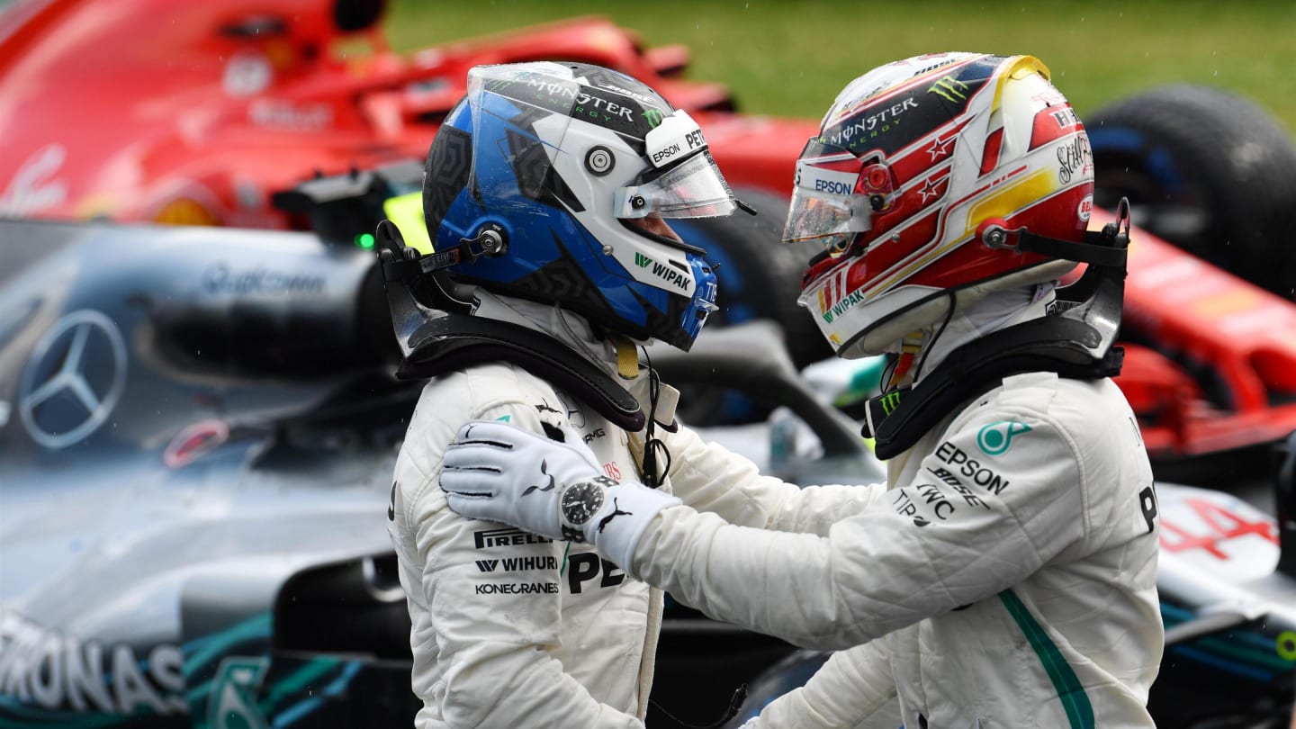 Valtteri Bottas (FIN) Mercedes-AMG F1 and Lewis Hamilton (GBR) Mercedes-AMG F1 celebrate in parc ferme at Formula One World Championship, Rd12, Hungarian Grand Prix, Qualifying, Hungaroring, Hungary, Saturday 28 July 2018. © Mark Sutton/Sutton Images