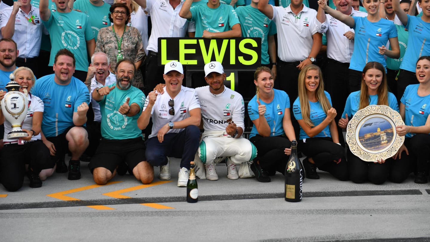 Lewis Hamilton (GBR) Mercedes-AMG F1 and Valtteri Bottas (FIN) Mercedes-AMG F1 celebrate with the