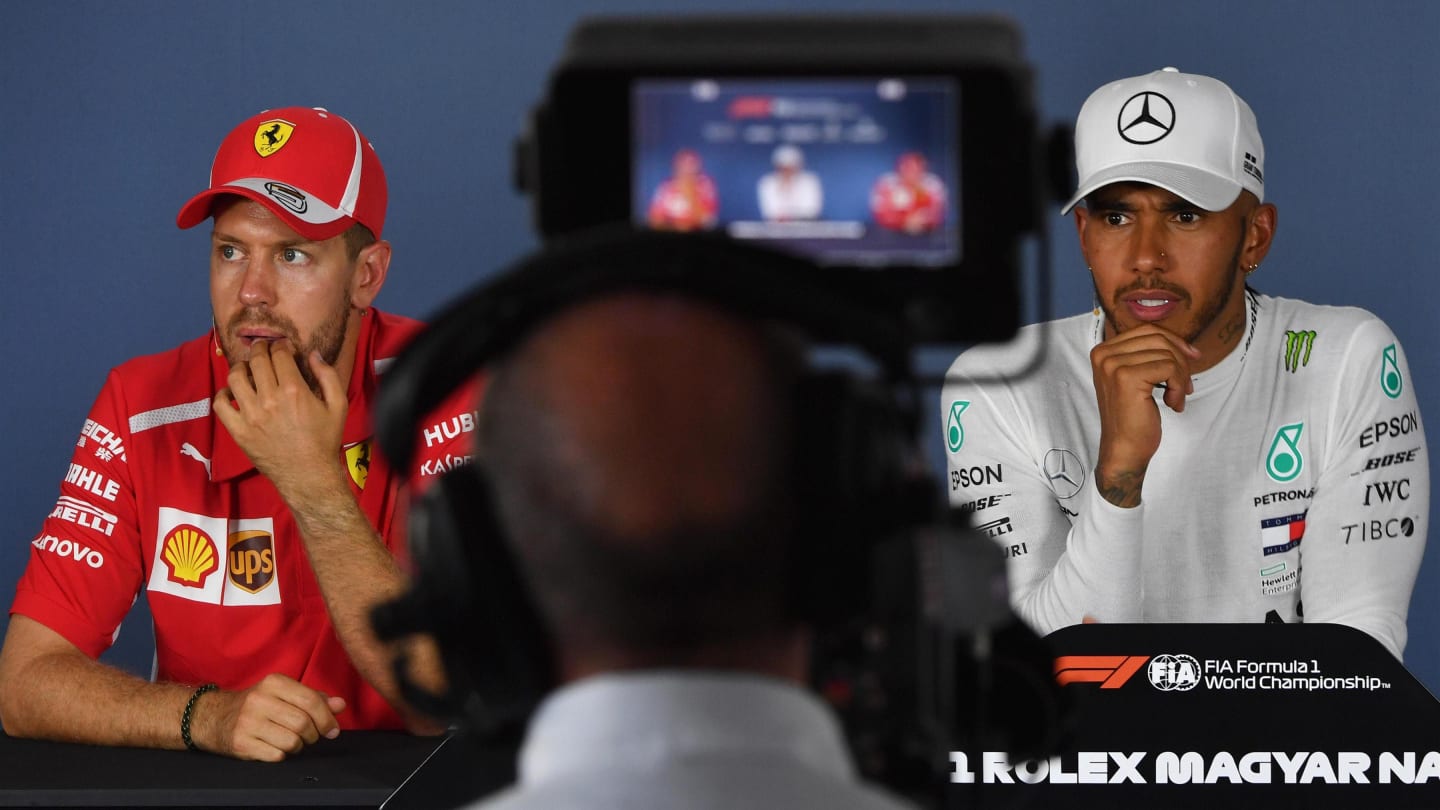 Sebastian Vettel (GER) Ferrari and Lewis Hamilton (GBR) Mercedes-AMG F1 in the Press Conference at Formula One World Championship, Rd12, Hungarian Grand Prix, Race, Hungaroring, Hungary, Sunday 29 July 2018. © Mark Sutton/Sutton Images
