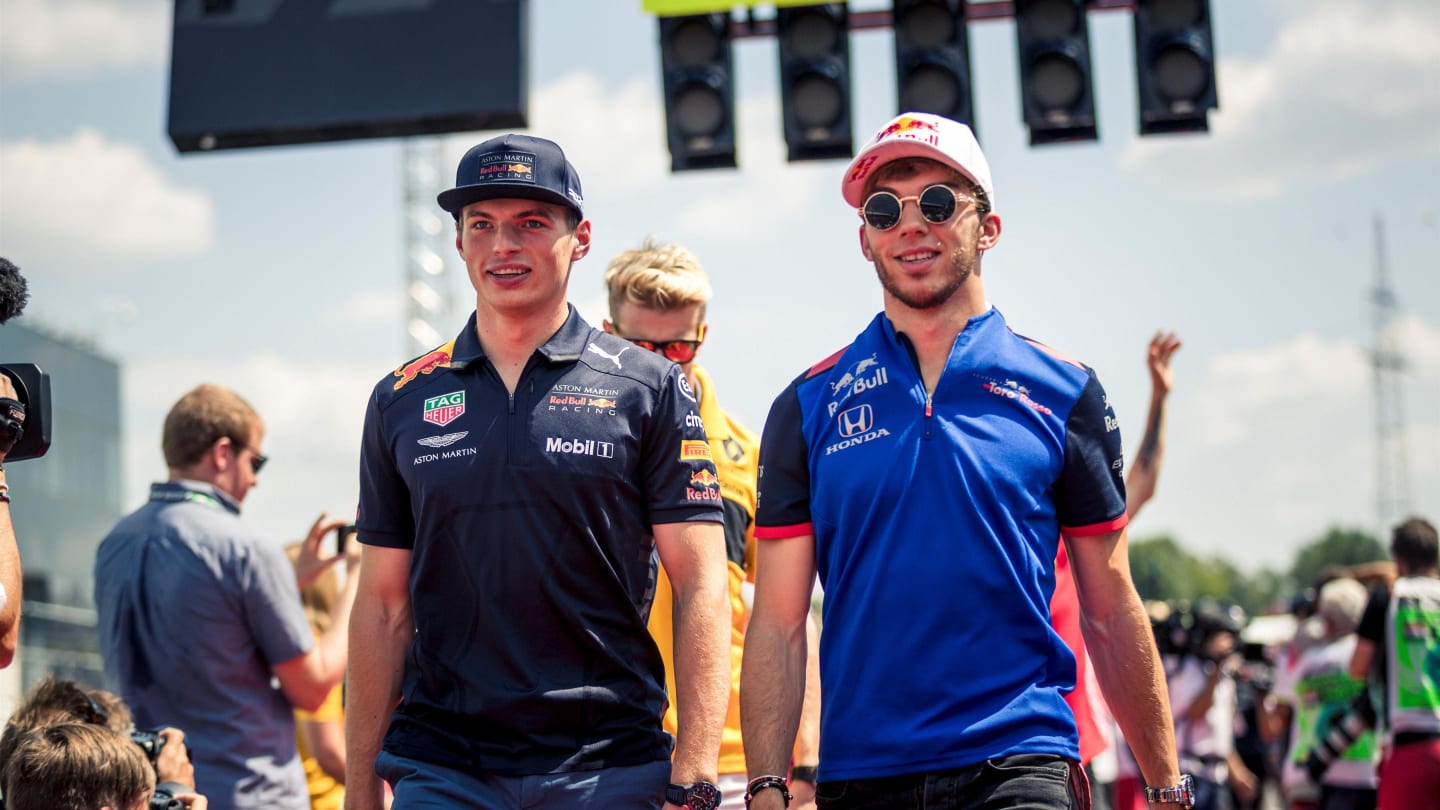 Max Verstappen (NED) Red Bull Racing and Pierre Gasly (FRA) Scuderia Toro Rosso on the drivers