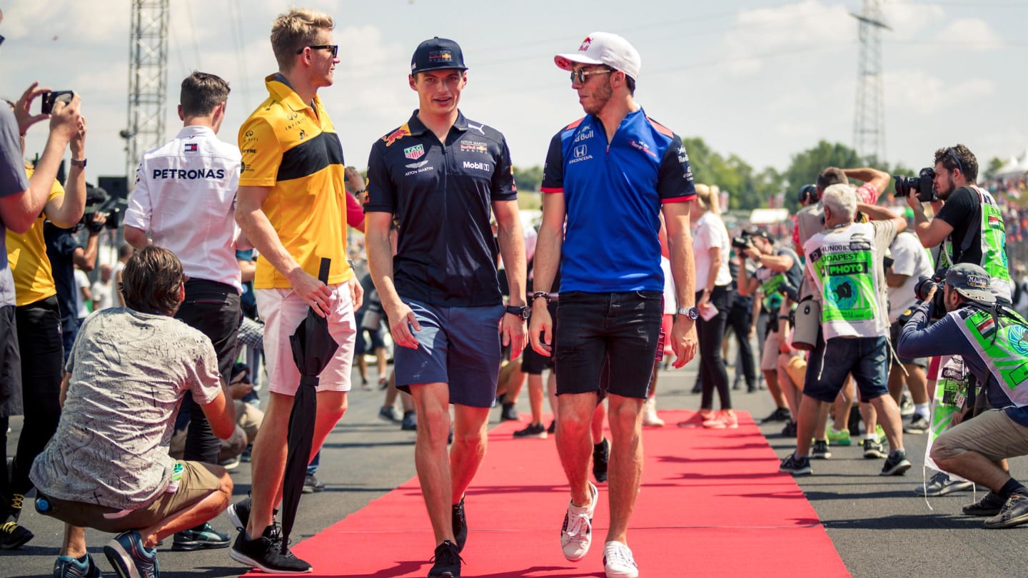 Max Verstappen (NED) Red Bull Racing and Pierre Gasly (FRA) Scuderia Toro Rosso on the drivers parade at Formula One World Championship, Rd12, Hungarian Grand Prix, Race, Hungaroring, Hungary, Sunday 29 July 2018. © Manuel Goria/Sutton Images