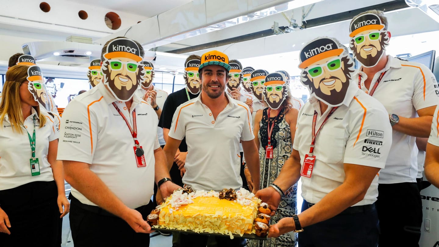Fernando Alonso (ESP) McLaren celebrates his Birthday with the team at Formula One World Championship, Rd12, Hungarian Grand Prix, Race, Hungaroring, Hungary, Sunday 29 July 2018. © Steven Tee/LAT/Sutton Images