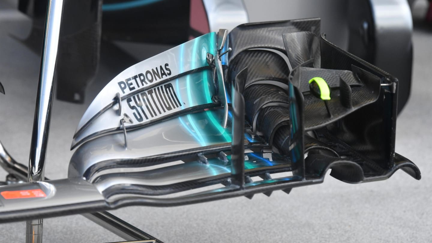 Mercedes-AMG F1 W09 EQ Power+ front wing detail at Formula One World Championship, Rd12, Hungarian Grand Prix, Preparations, Hungaroring, Hungary, Thursday 26 July 2018. © Mark Sutton/Sutton Images