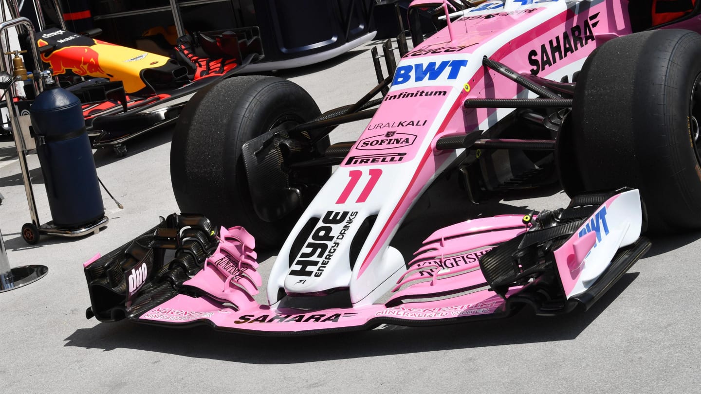 Force India VJM11 nose and front wing at Formula One World Championship, Rd12, Hungarian Grand Prix, Preparations, Hungaroring, Hungary, Thursday 26 July 2018. © Mark Sutton/Sutton Images
