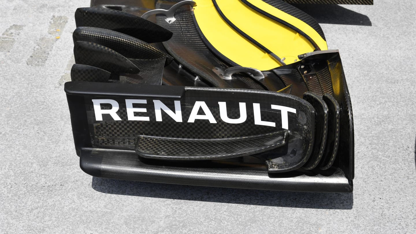 Renault Sport F1 Team RS18 front wing detail at Formula One World Championship, Rd12, Hungarian Grand Prix, Preparations, Hungaroring, Hungary, Thursday 26 July 2018. © Mark Sutton/Sutton Images