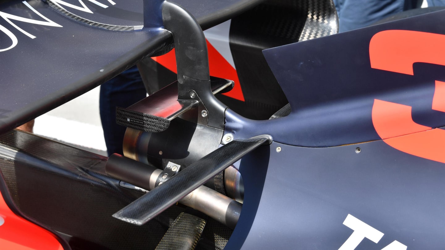 Red Bull Racing RB14 rear wing detail at Formula One World Championship, Rd12, Hungarian Grand Prix, Preparations, Hungaroring, Hungary, Thursday 26 July 2018. © Mark Sutton/Sutton Images