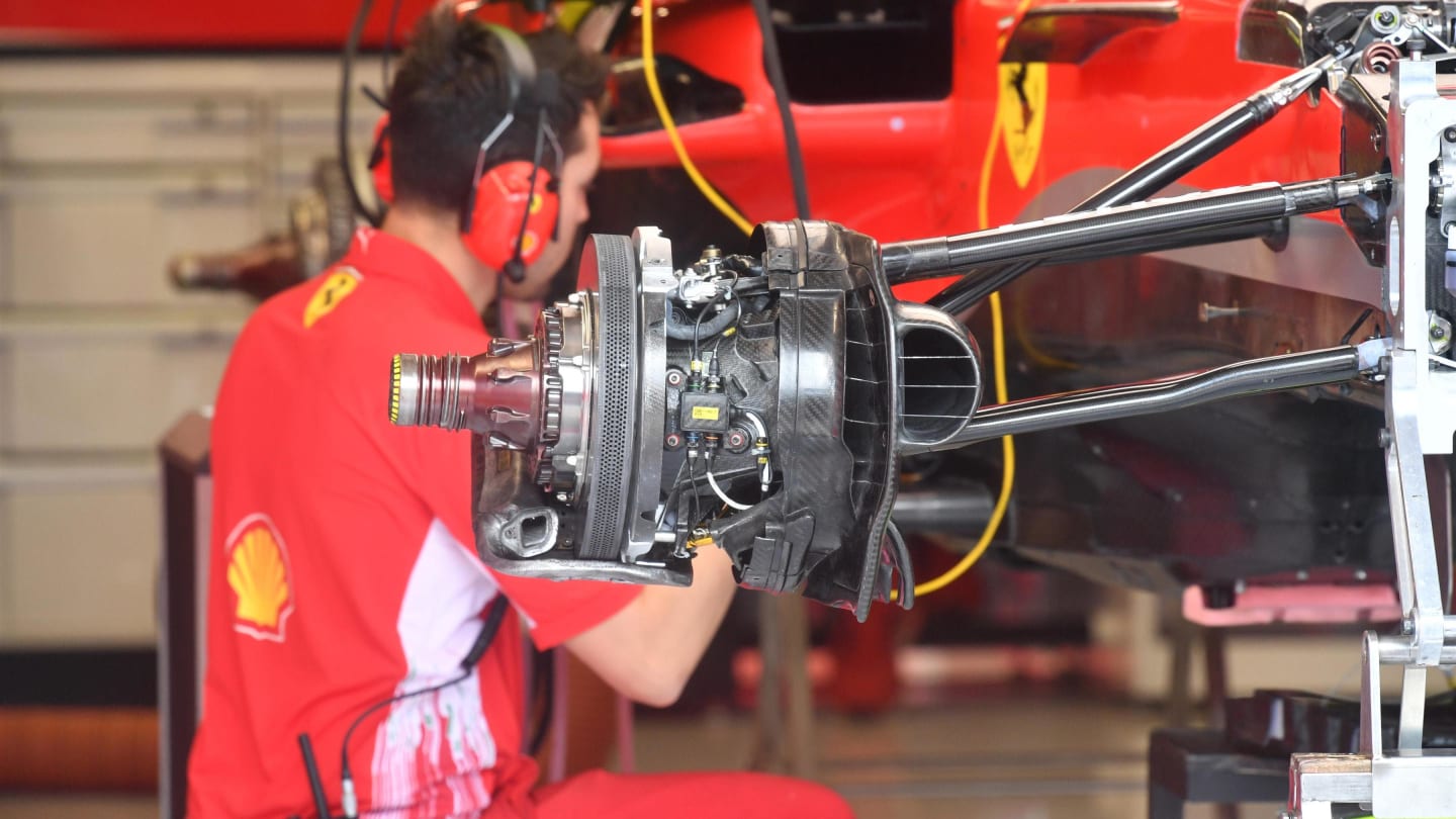 Ferrari SF-71H front brake and wheel hub detail at Formula One World Championship, Rd12, Hungarian Grand Prix, Preparations, Hungaroring, Hungary, Thursday 26 July 2018. © Mark Sutton/Sutton Images