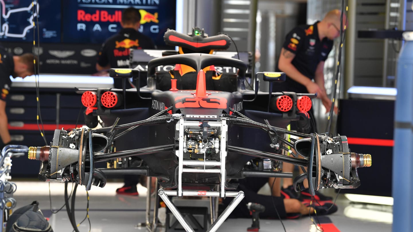 Red Bull Racing RB14 in the garage at Formula One World Championship, Rd12, Hungarian Grand Prix,