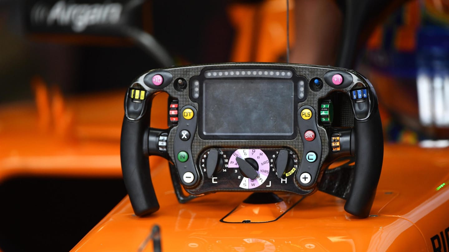 McLaren MCL33 steering wheel at Formula One World Championship, Rd14, Italian Grand Prix, Practice, Monza, Italy, Friday 31 August 2018. © Mark Sutton/Sutton Images
