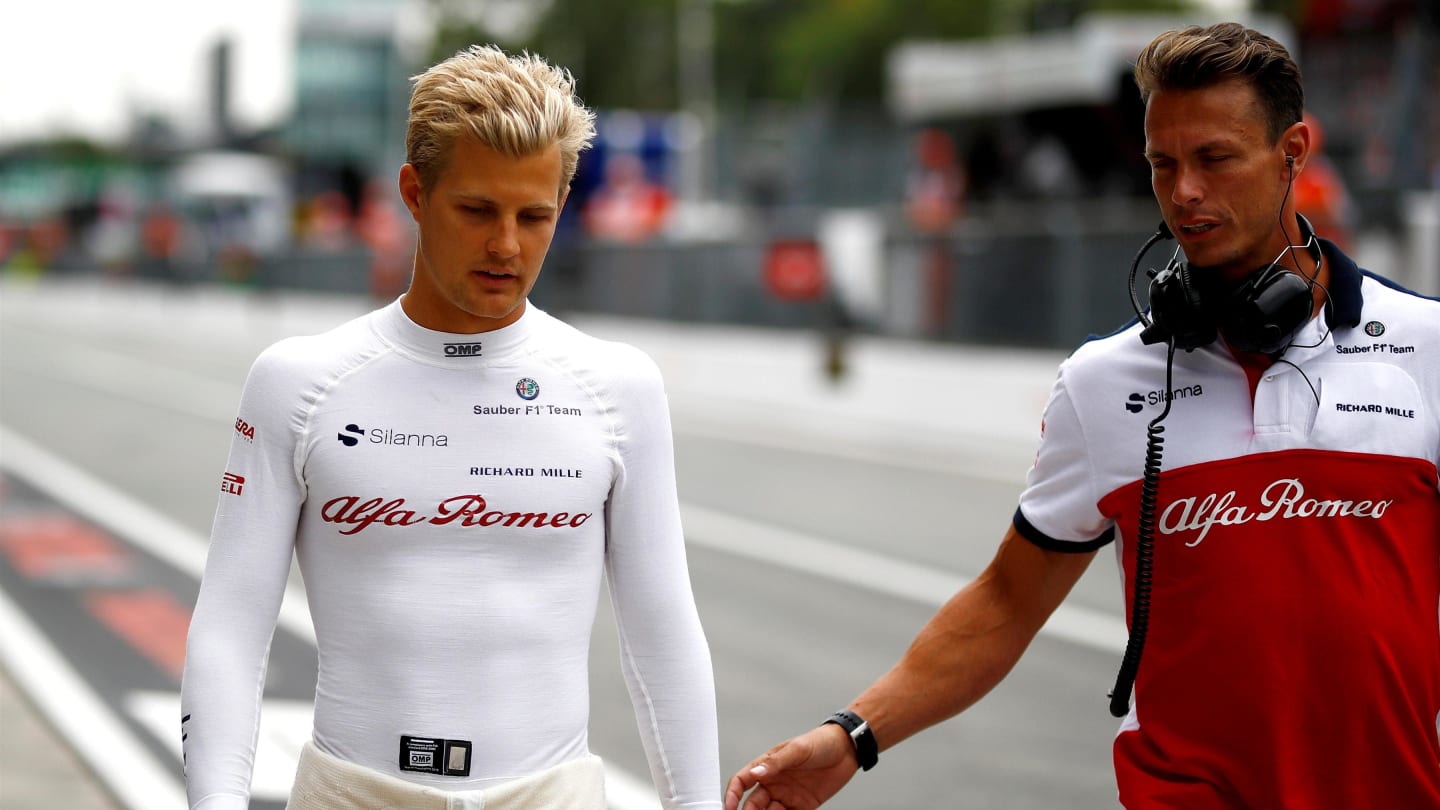 Marcus Ericsson, Alfa Romeo Sauber F1 Team walks in with his trainer Alex Elgh (SWE) after his crash in FP2 at Formula One World Championship, Rd14, Italian Grand Prix, Practice, Monza, Italy, Friday 31 August 2018. © Manuel Goria/Sutton Images