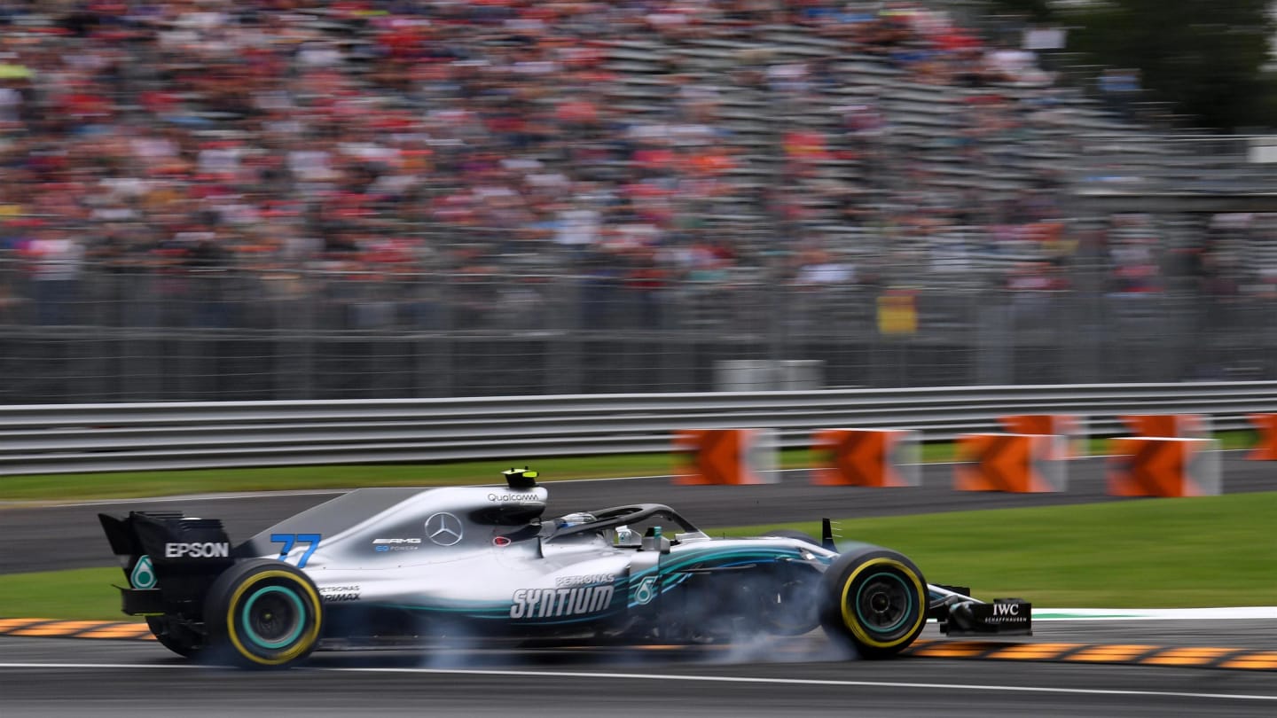 Valtteri Bottas, Mercedes AMG F1 W09 locks up and runs wide at Formula One World Championship, Rd14, Italian Grand Prix, Practice, Monza, Italy, Friday 31 August 2018. © Mark Sutton/Sutton Images