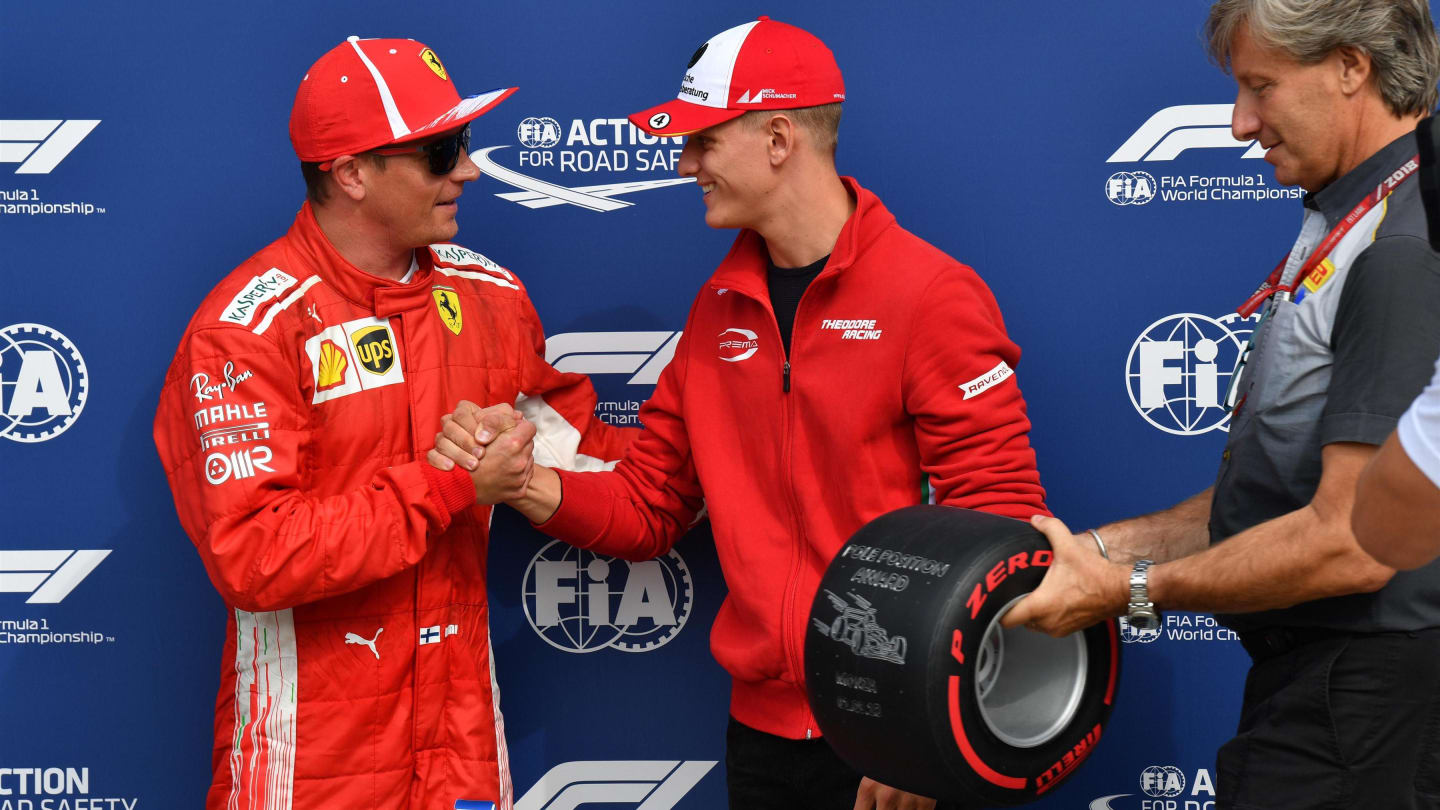 Mick Schumacher presents the Pirelli Pole Position Award to Kimi Raikkonen, Ferrari at Formula One