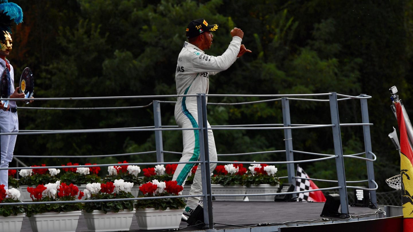 Lewis Hamilton, Mercedes AMG F1 celebrates on the podium at Formula One World Championship, Rd14, Italian Grand Prix, Race, Monza, Italy, Sunday 2 September 2018. © Jerry Andre/Sutton Images