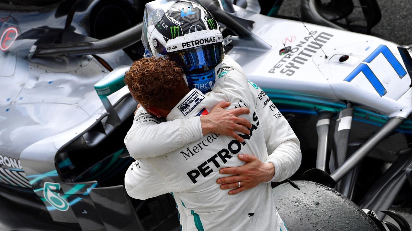 Valtteri Bottas, Mercedes AMG F1 and Lewis Hamilton, Mercedes AMG F1 celebrate in parc ferme at Formula One World Championship, Rd14, Italian Grand Prix, Race, Monza, Italy, Sunday 2 September 2018. © Jerry Andre/Sutton Images