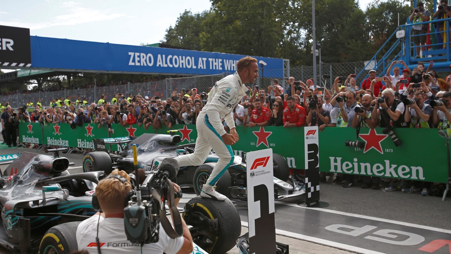 Lewis Hamilton, Mercedes AMG F1 celebrates in parc ferme at the at Formula One World Championship, Rd14, Italian Grand Prix, Race, Monza, Italy, Sunday 2 September 2018. © Manuel Goria/Sutton Images