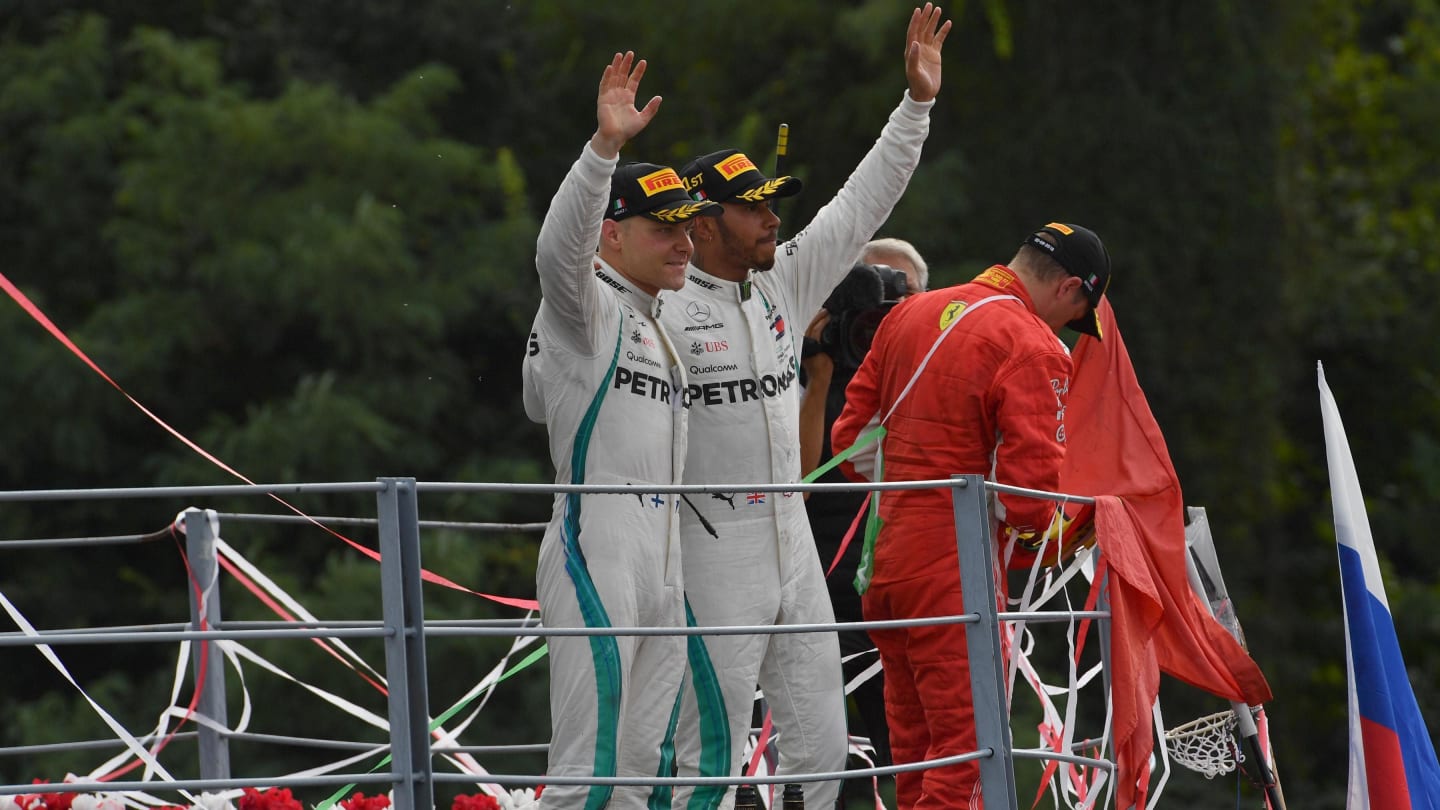 Valtteri Bottas, Mercedes AMG F1 and Lewis Hamilton, Mercedes AMG F1 on the podium at Formula One World Championship, Rd14, Italian Grand Prix, Race, Monza, Italy, Sunday 2 September 2018. © Jerry Andre/Sutton Images
