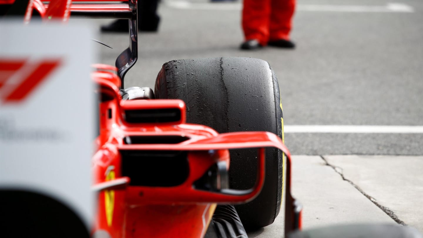 Back right tyre of Kimi Raikkonen, Ferrari SF71H in parc ferme at Formula One World Championship,
