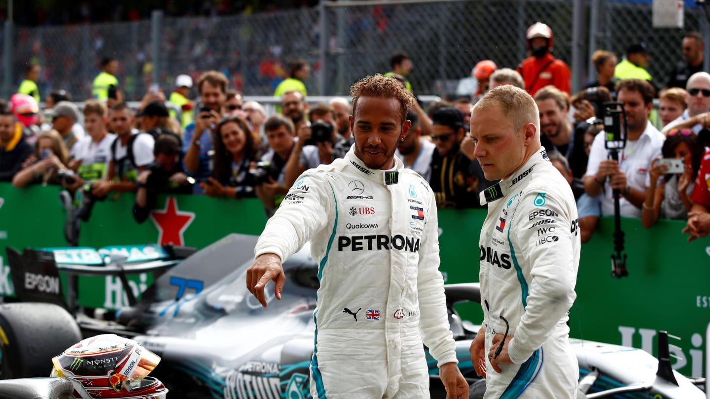 Lewis Hamilton, Mercedes AMG F1 and Valtteri Bottas, Mercedes AMG F1 W09 in parc ferme at Formula One World Championship, Rd14, Italian Grand Prix, Race, Monza, Italy, Sunday 2 September 2018. © Manuel Goria/Sutton Images