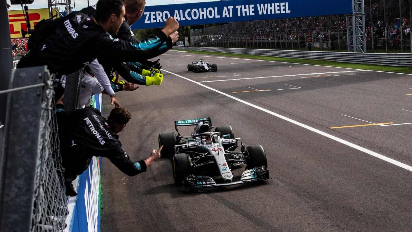 Lewis Hamilton, Mercedes AMG F1 W09 crosses the line at Formula One World Championship, Rd14,