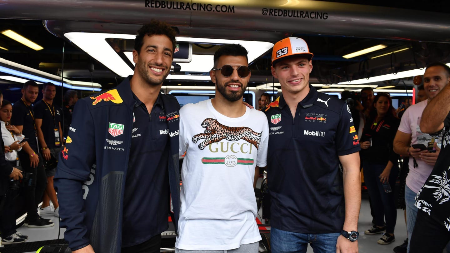Sergio Aguero, Footballer with Daniel Ricciardo, Red Bull Racing and Max Verstappen, Red Bull Racing at Formula One World Championship, Rd14, Italian Grand Prix, Race, Monza, Italy, Sunday 2 September 2018. © Mark Sutton/Sutton Images