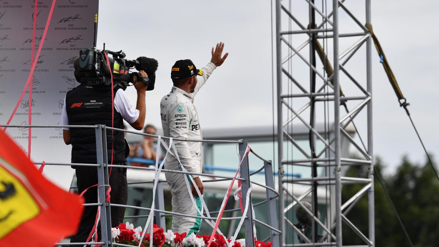 Race winner Lewis Hamilton, Mercedes AMG F1 celebrates on the podium at Formula One World Championship, Rd14, Italian Grand Prix, Race, Monza, Italy, Sunday 2 September 2018. © Mark Sutton/Sutton Images