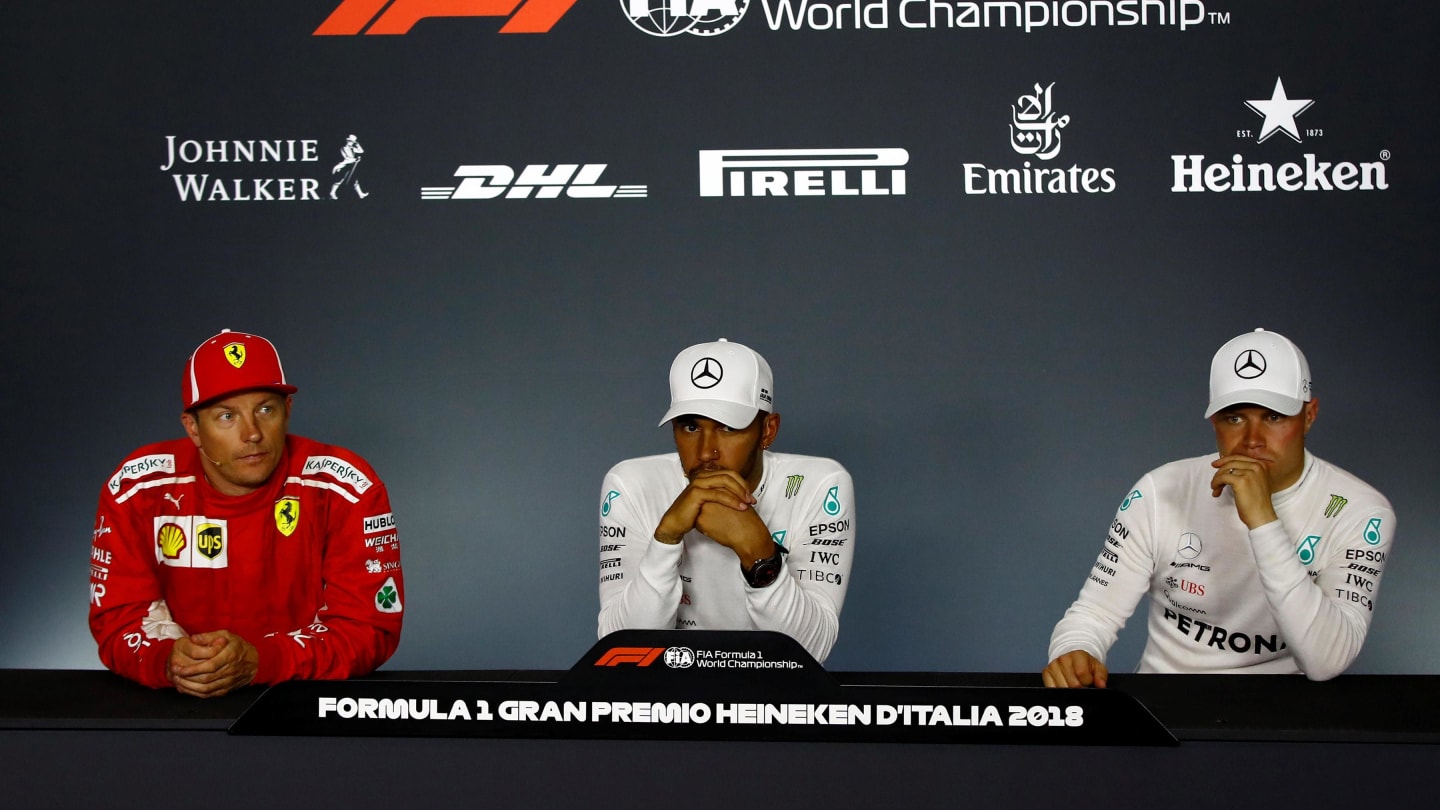 Kimi Raikkonen, Ferrari, Lewis Hamilton, Mercedes AMG F1 and Valtteri Bottas, Mercedes AMG F1 in the Press Conference at Formula One World Championship, Rd14, Italian Grand Prix, Race, Monza, Italy, Sunday 2 September 2018. © Mark Sutton/Sutton Images