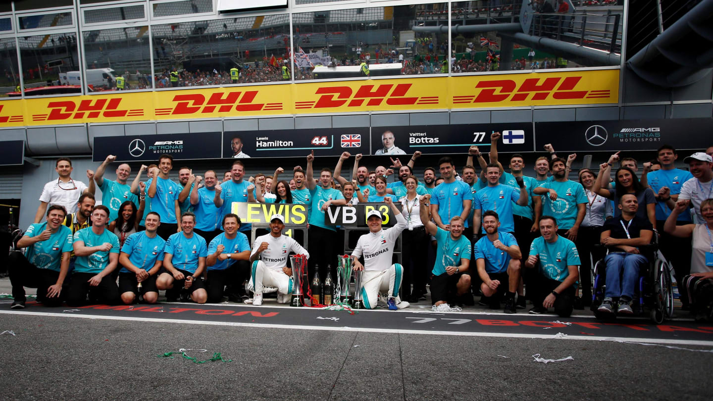 Race winner Lewis Hamilton, Mercedes AMG F1 and Valtteri Bottas, Mercedes AMG F1 celebrate with the team at Formula One World Championship, Rd14, Italian Grand Prix, Race, Monza, Italy, Sunday 2 September 2018. © Manuel Goria/Sutton Images