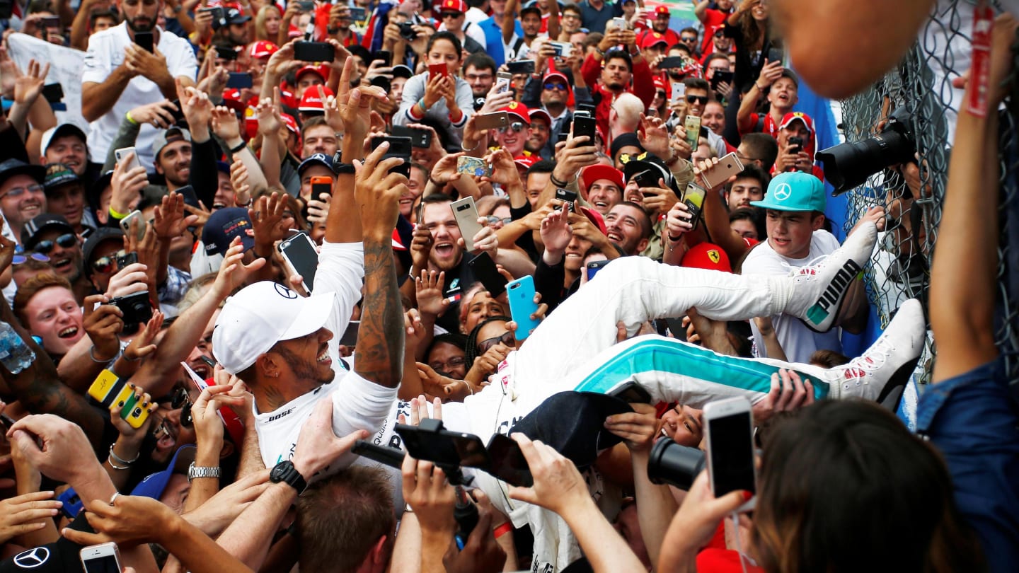 Race winner Lewis Hamilton, Mercedes AMG F1 celebrates with the fans at Formula One World Championship, Rd14, Italian Grand Prix, Race, Monza, Italy, Sunday 2 September 2018. © Manuel Goria/Sutton Images