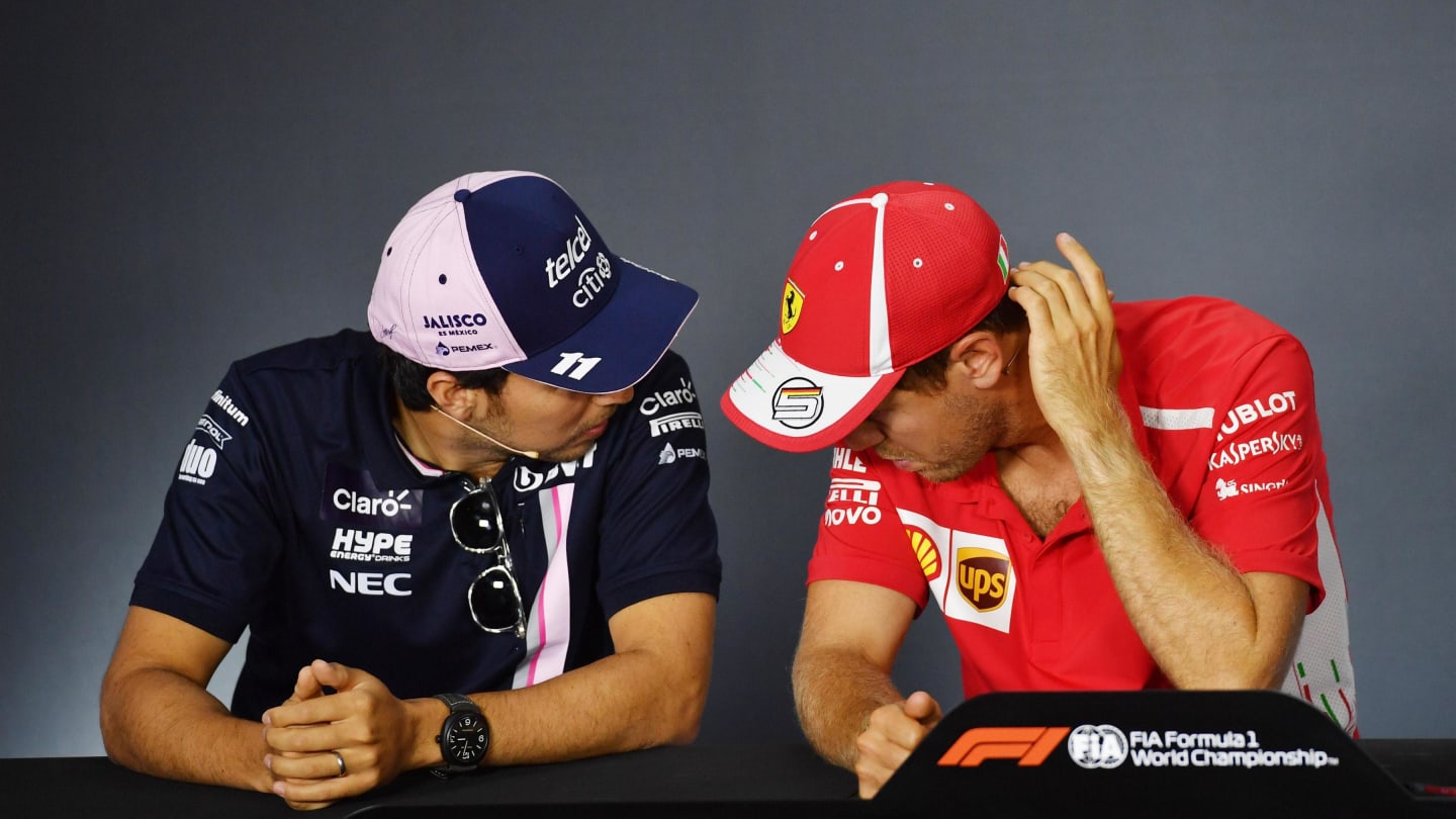 Sergio Perez, Racing Point Force India F1 Team and Sebastian Vettel, Ferrari in the Press