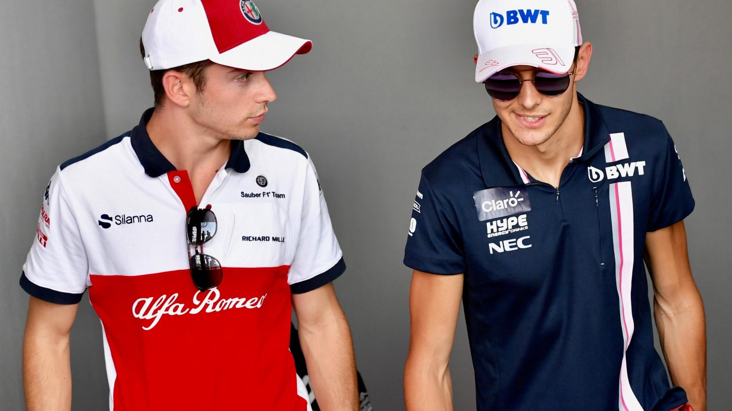 Charles Leclerc, Alfa Romeo Sauber F1 Team and Esteban Ocon, Racing Point Force India F1 Team at