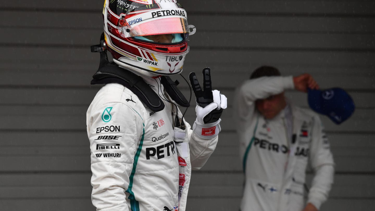 Pole sitter Lewis Hamilton, Mercedes AMG F1 celebrates in parc ferme at Formula One World