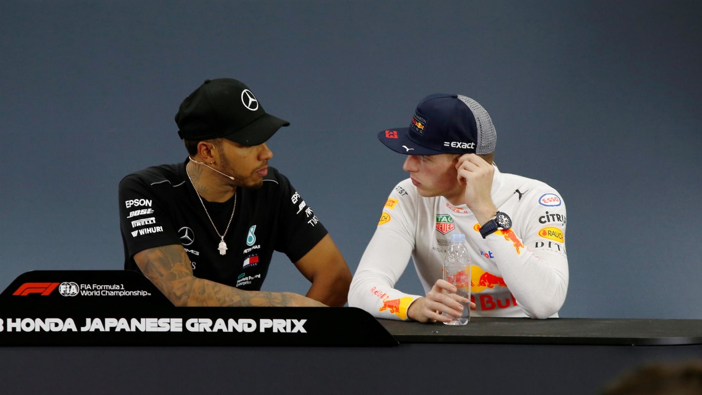 Lewis Hamilton, Mercedes AMG F1 and Max Verstappen, Red Bull Racing in the Press Conference at Formula One World Championship, Rd17, Japanese Grand Prix, Race, Suzuka, Japan, Sunday 7 October 2018.