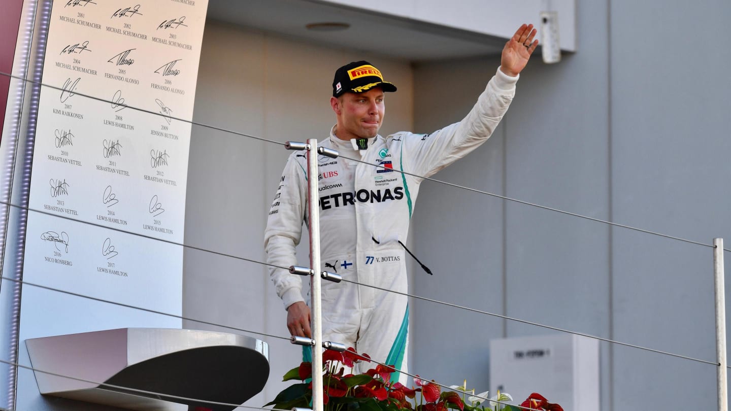 Valtteri Bottas, Mercedes AMG F1 celebrates on the podium at Formula One World Championship, Rd17, Japanese Grand Prix, Race, Suzuka, Japan, Sunday 7 October 2018.