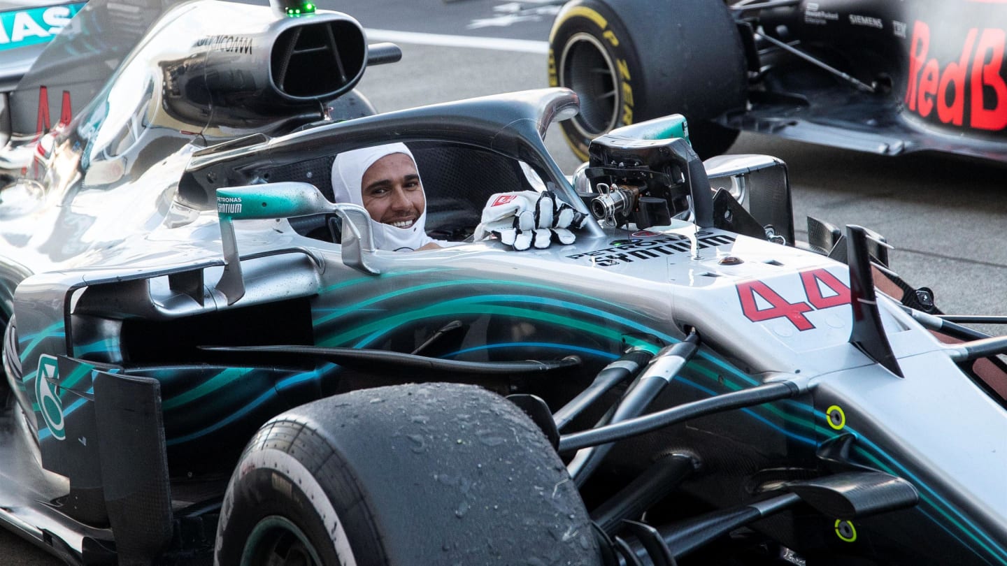 Lewis Hamilton, Mercedes AMG F1 celebrates in parc ferme at Formula One World Championship, Rd17,